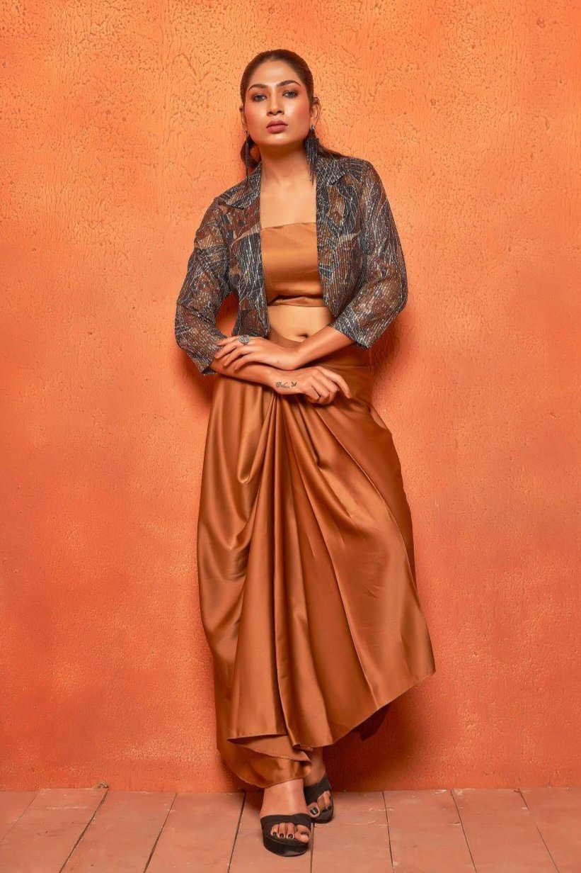 Camel Brown Leaf Print Dhoti Skirt Shrug Co-ord Set - Curvy Lane