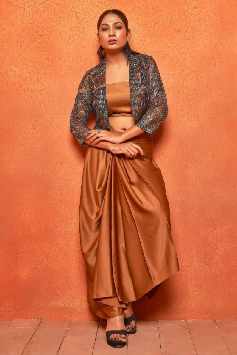 Camel Brown Leaf Print Dhoti Skirt Shrug Co-ord Set - Curvy Lane