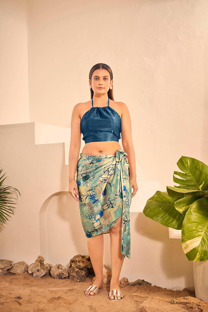 Halter Neck Top with Printed Cover up Sarong Set - Curvy Lane