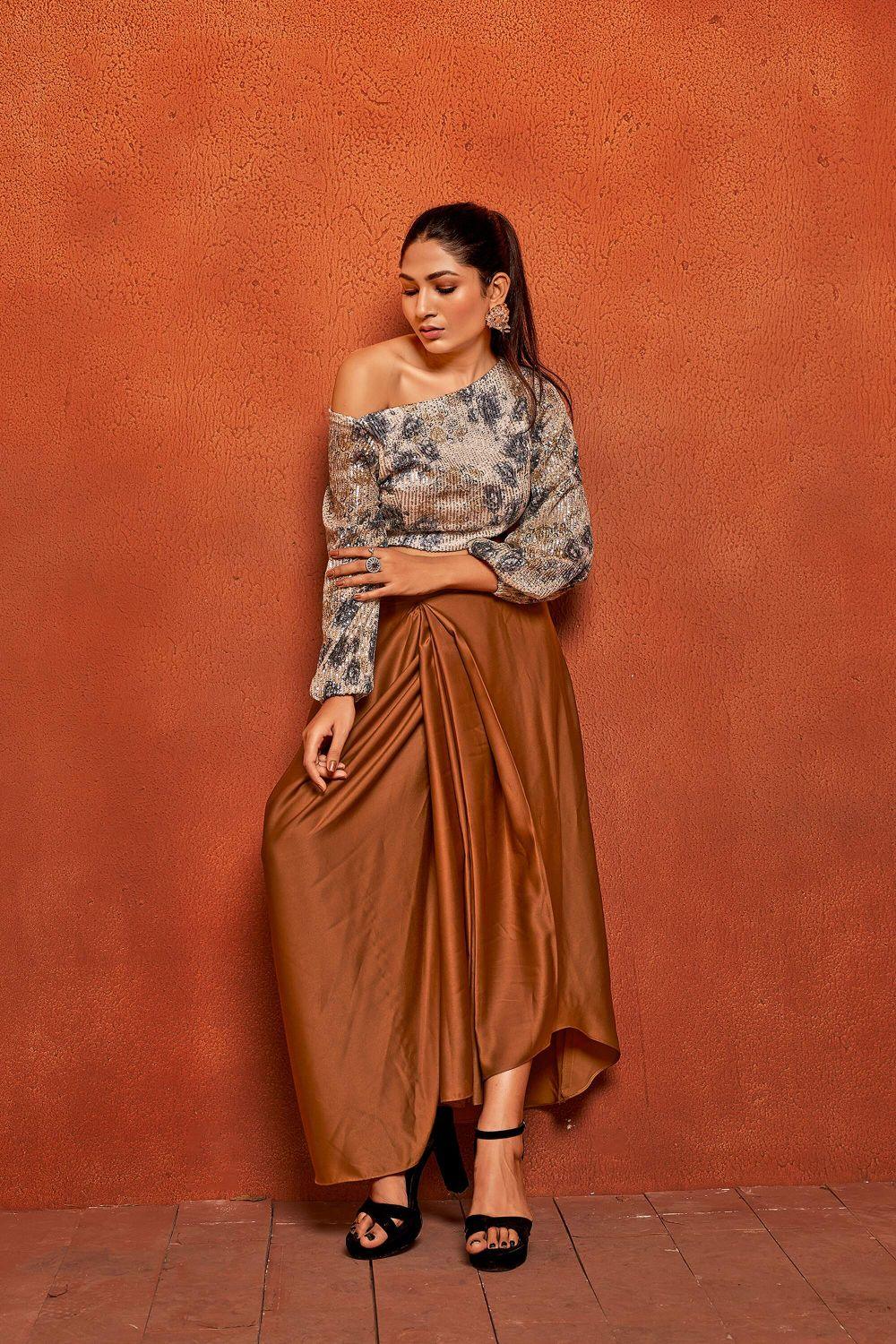 Camel Brown Floral Print Dhoti Skirt Loose Fit Top Co-ord Set - Curvy Lane