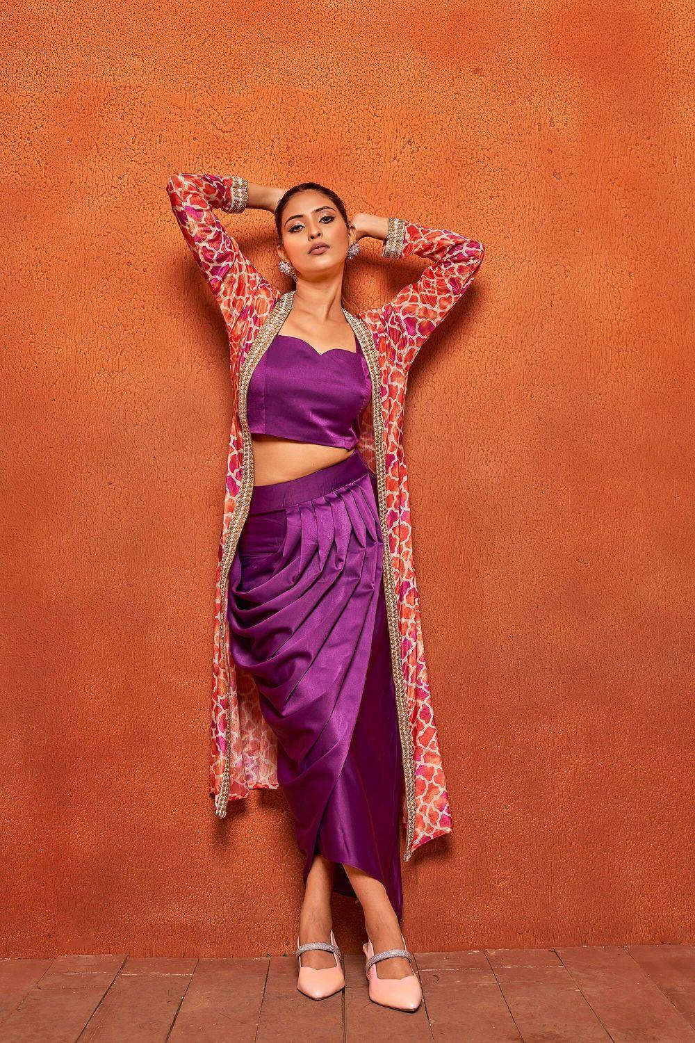 Violet Ethnic Print Dhoti Skirt Long Shrug Co-ord Set - Curvy Lane