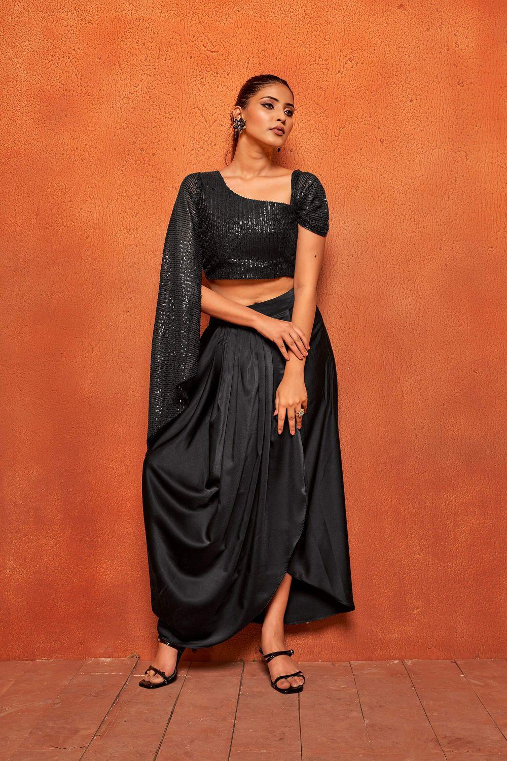 Jet Black Drape Skirt & Sequin Crop Top Co-ord Set - Curvy Lane