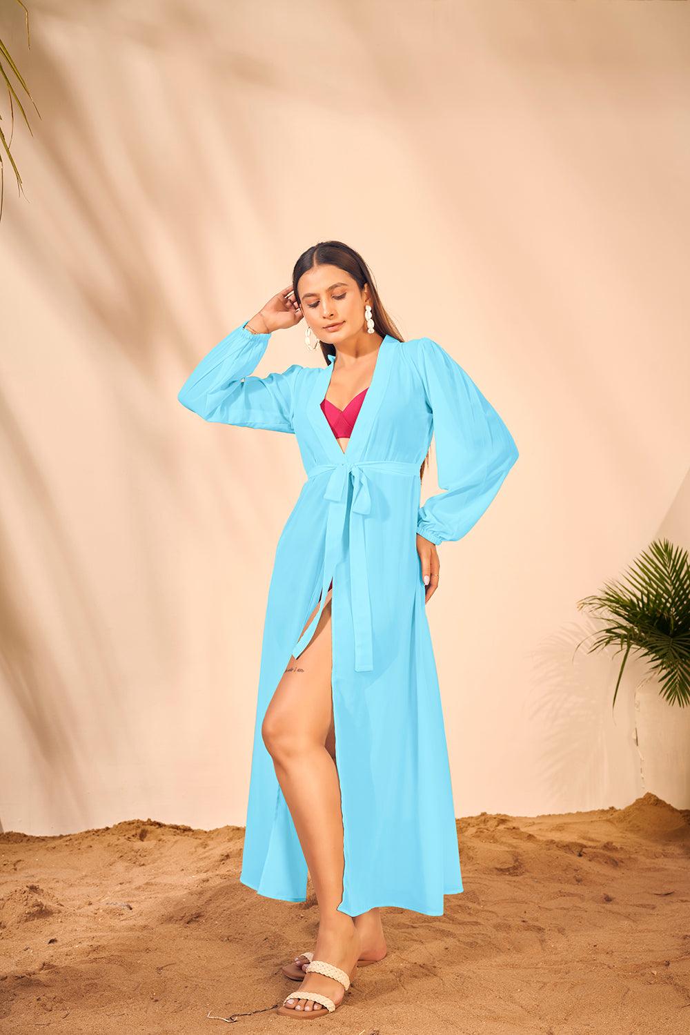 Sky Blue Bishop Sleeves Beach Wear Lightweight Cover Up Dress - Curvy Lane