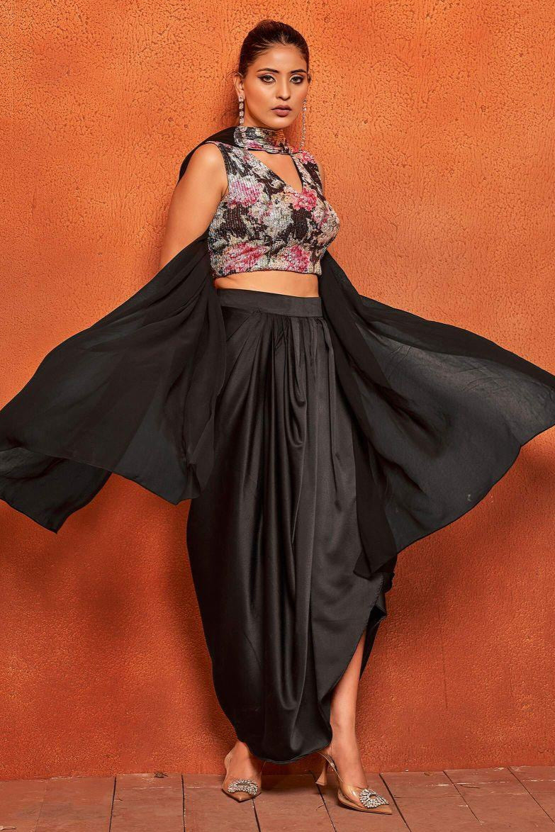 Black Floral Print Dhoti Skirt Crop Top Dupatta Co-ord Set - Curvy Lane