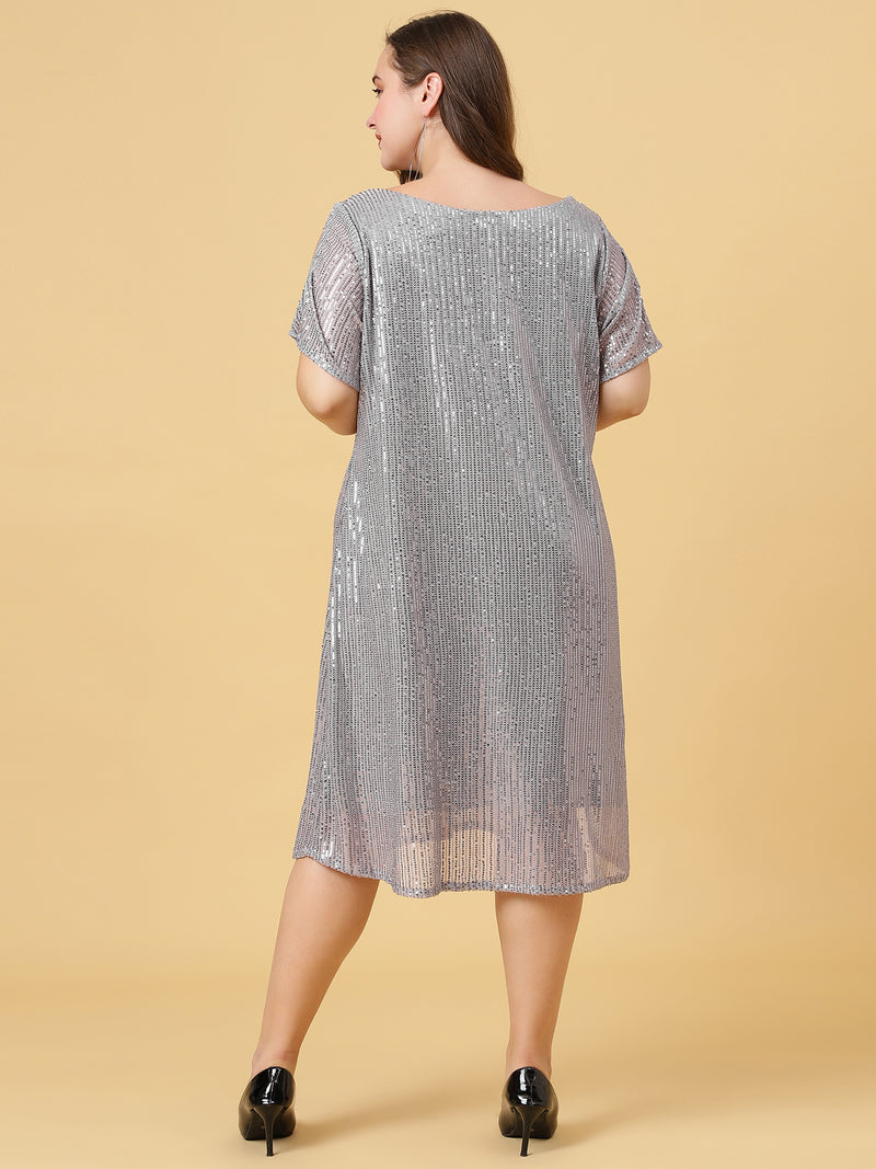 Grey Boat Neck Sequins Dress with Slit Sleeves