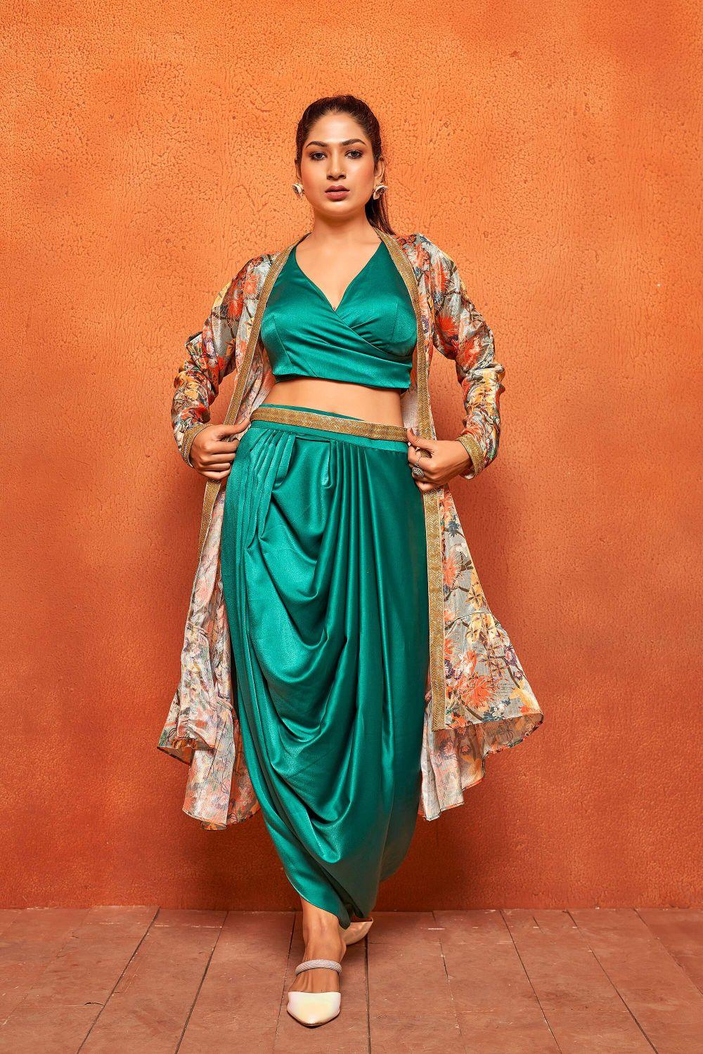 Teal Green Leaf Print Dhoti Skirt Long Flaired Shrug Co-ord Set - Curvy Lane