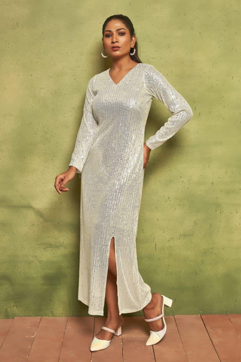 Pearl White Sequin Maxi Dress | V-Neck Long Sleeve Glamour - Curvy Lane