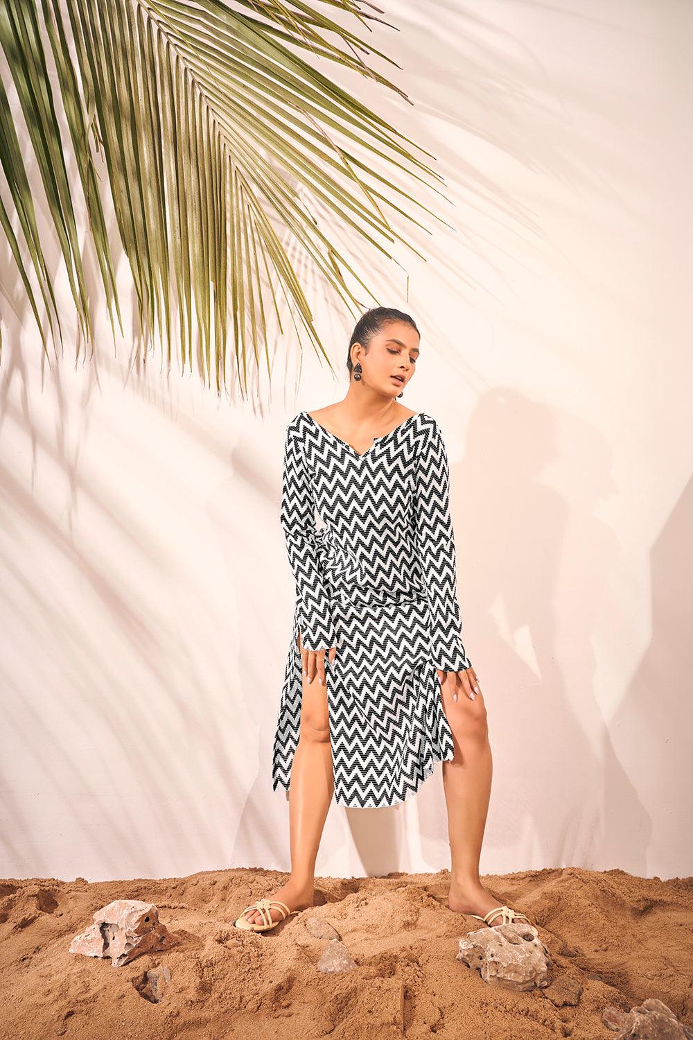 Black and White Zig zag Knitted Beach Wear Midi Dress - Curvy Lane