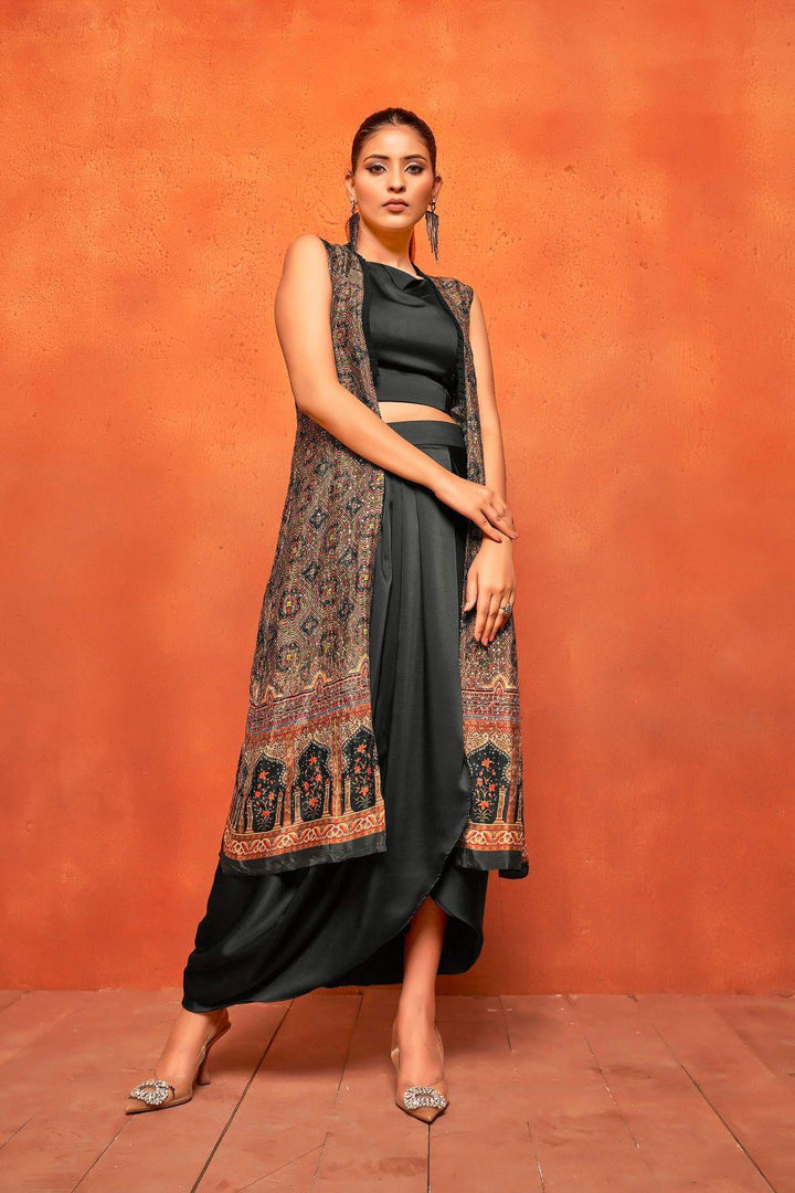 Rich Black Ethnic Print Dhoti Skirt Long Straight Shrug Co-ord Set - Curvy Lane