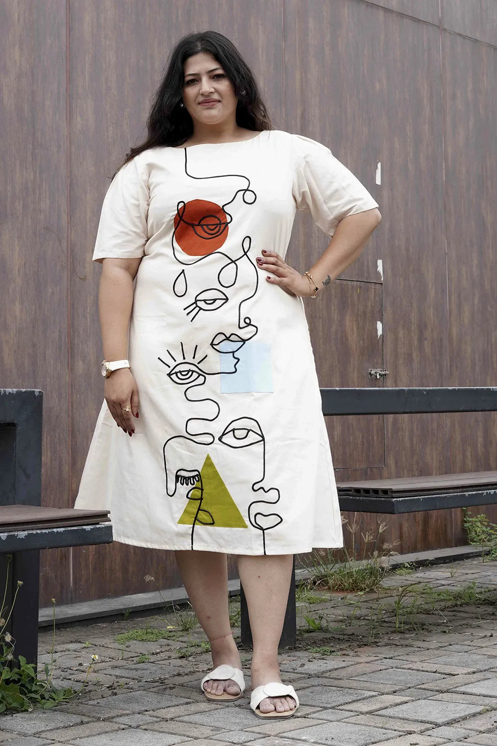 Off White Summer Dress With Cord Work