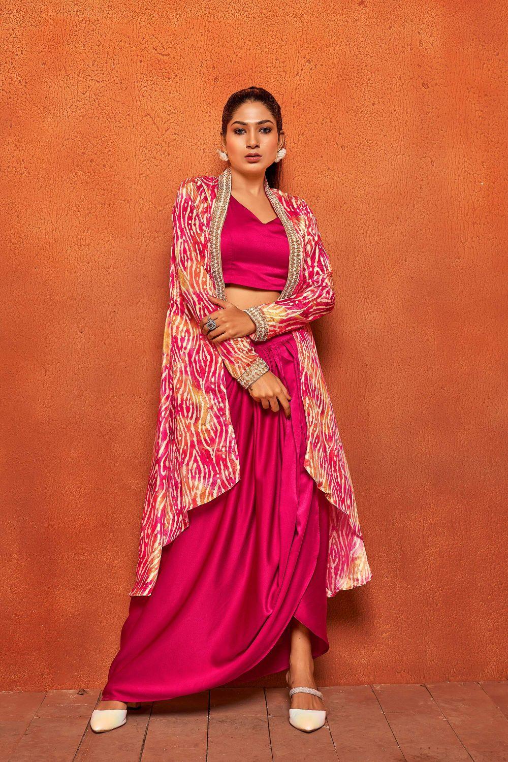 Jazzberry Pink Ethnic Print Dhoti Skirt Long Flared Shrug Co-ord Set - Curvy Lane