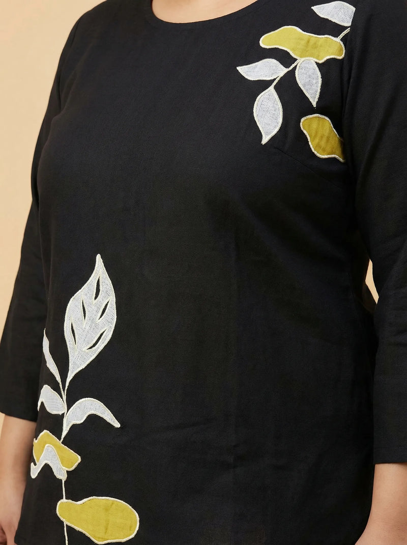 Black Botanical Applic Cord Work Top