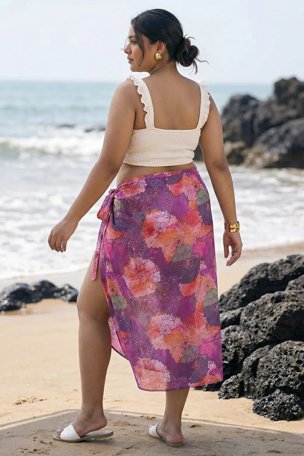 Floral pink sarong wrap skirt with an off-white crop top