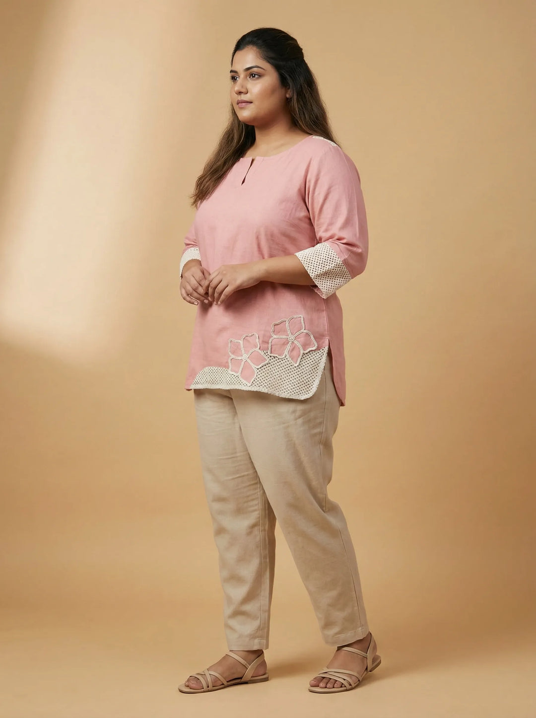 Peach Pink Floral Cord Work Cotton Top