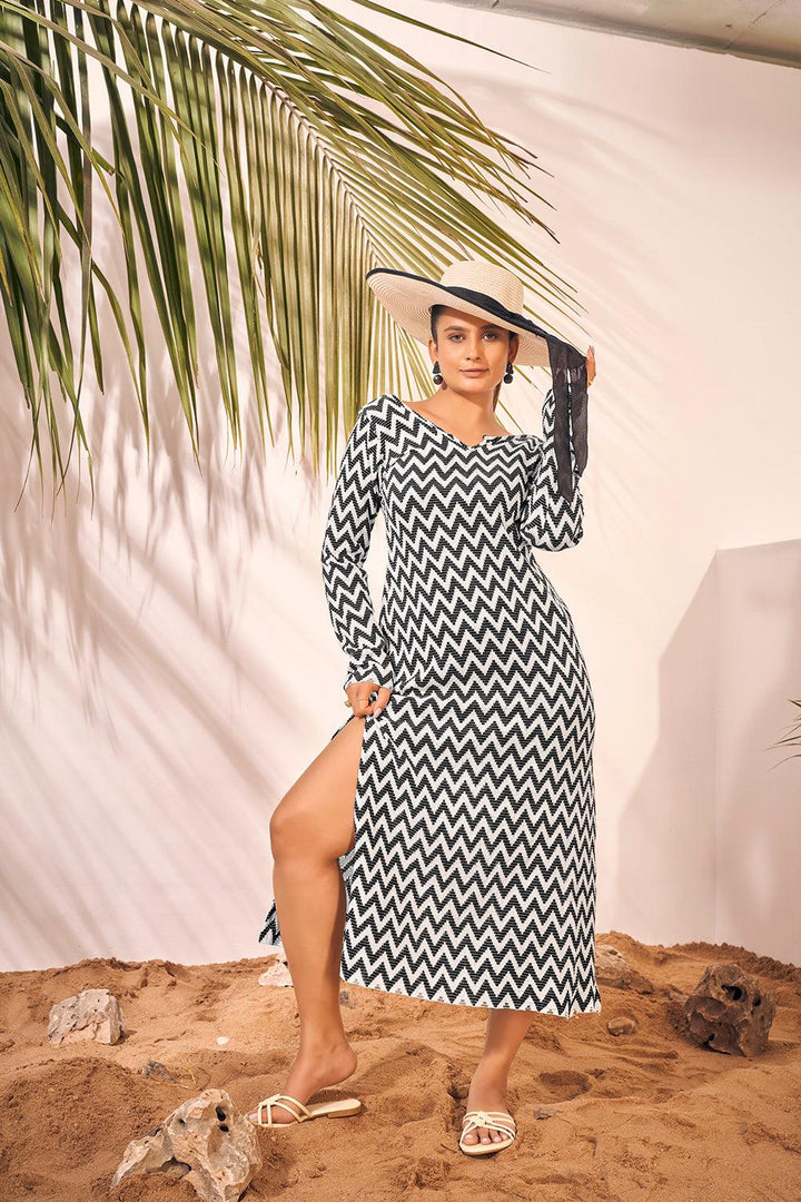 Black and White Zig zag Knitted Beach Wear Midi Dress - Curvy Lane