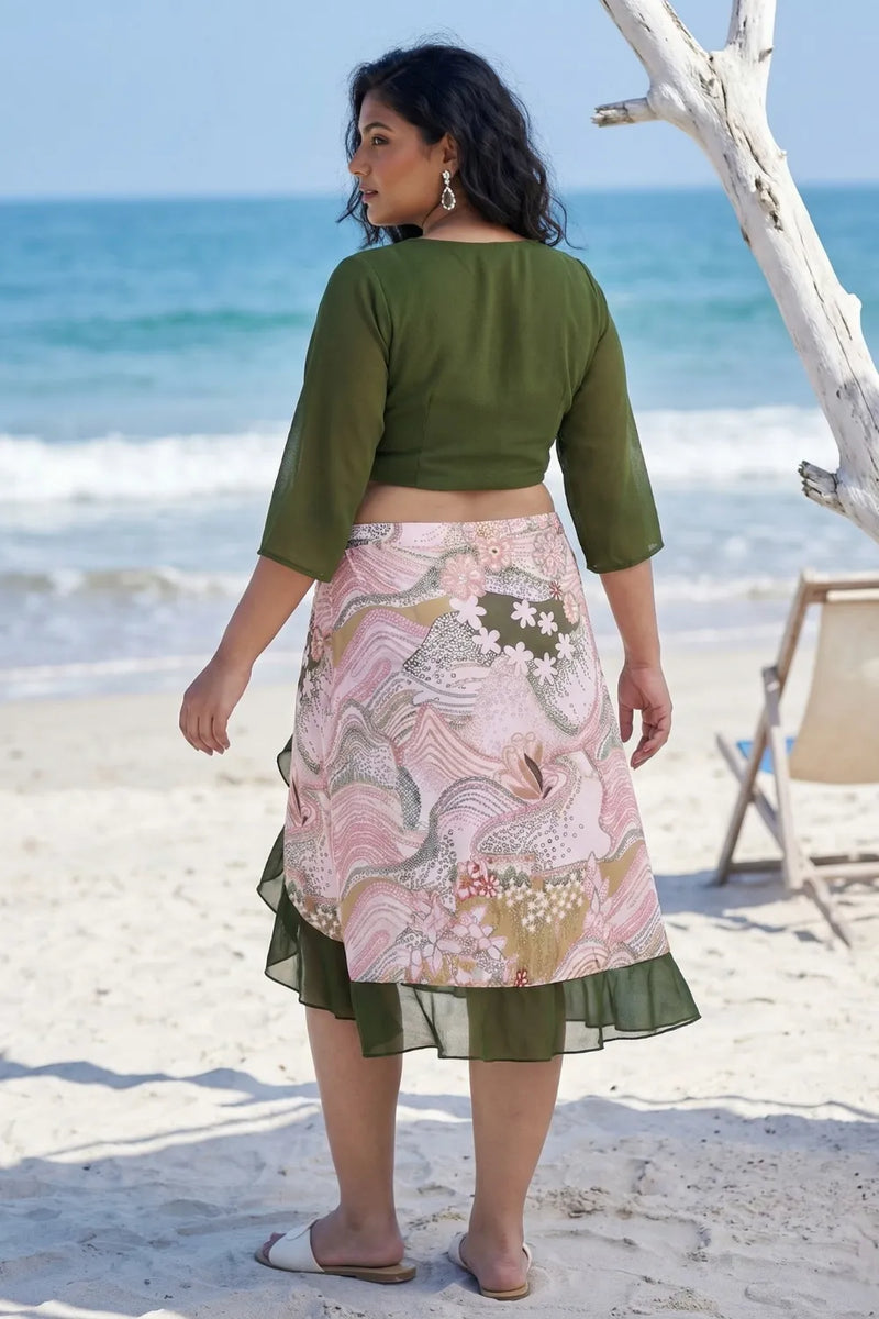 Curvylane's sexy beachwear with green floral sarong and top