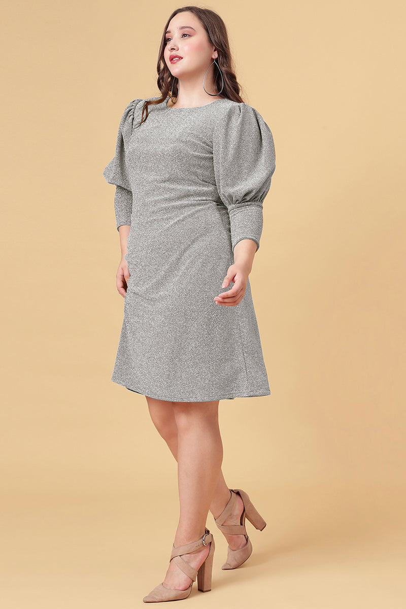 Grey Shimmered Puff Sleeves Sheath Party Dress