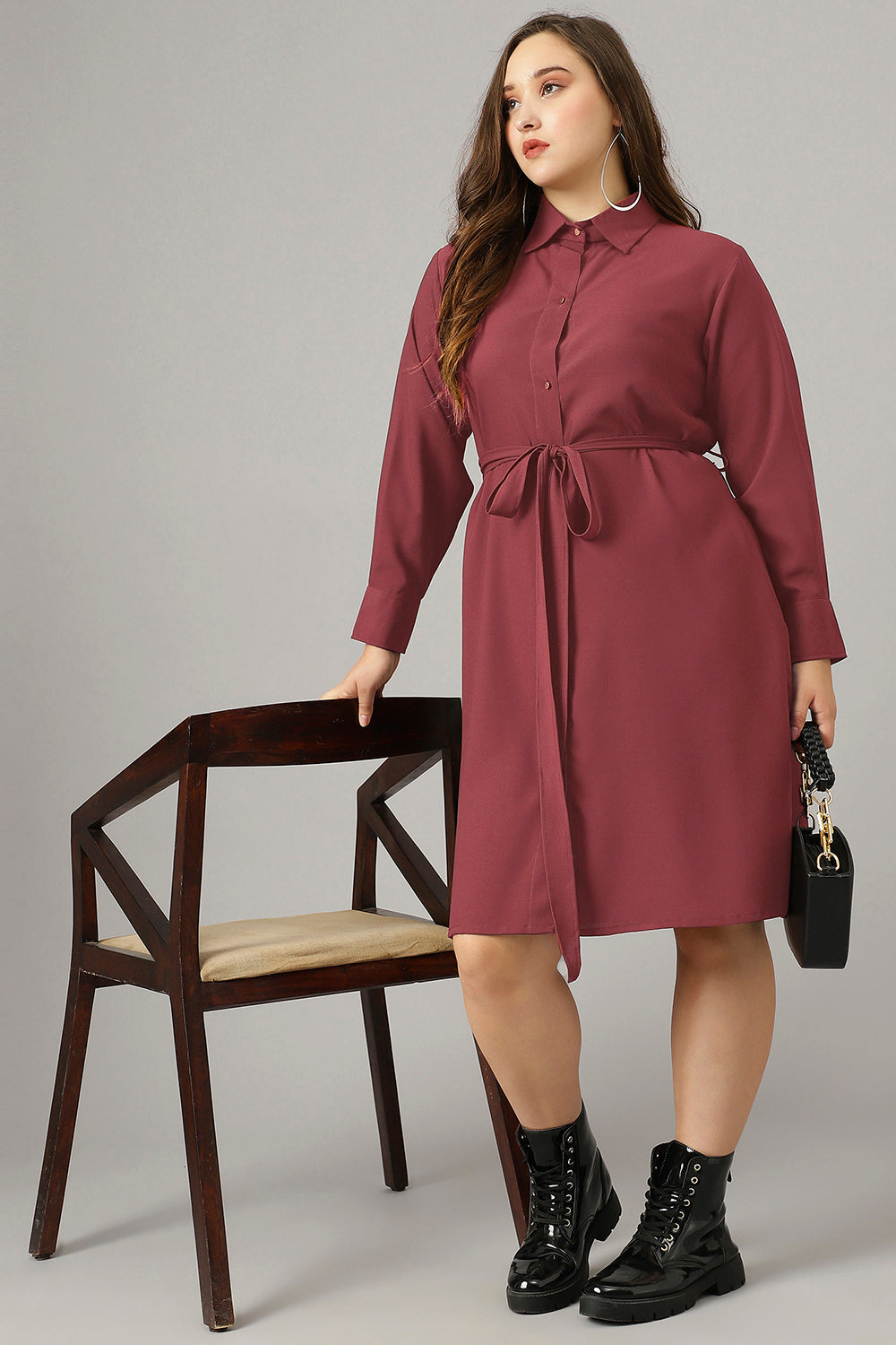 Curvy Lane Women Plus Size Shirt Collar Dress With Fabric Belt