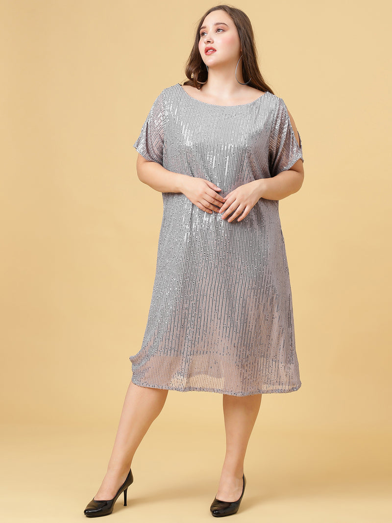 Grey Boat Neck Sequins Dress with Slit Sleeves