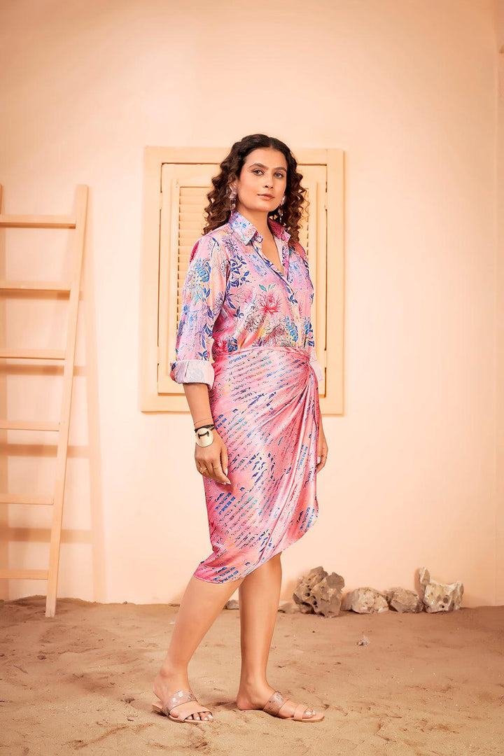 Floral Printed Shirt Dress with Beach Wear Sarong Skirt Cover Up Set - Curvy Lane