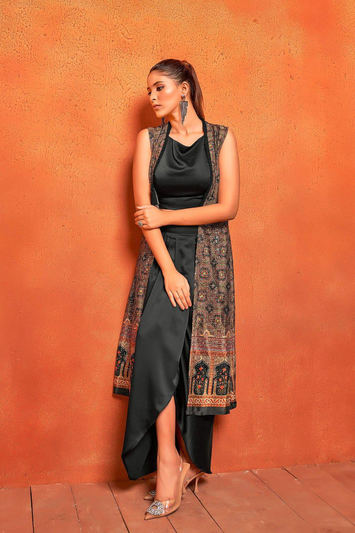 Rich Black Ethnic Print Dhoti Skirt Long Straight Shrug Co-ord Set - Curvy Lane