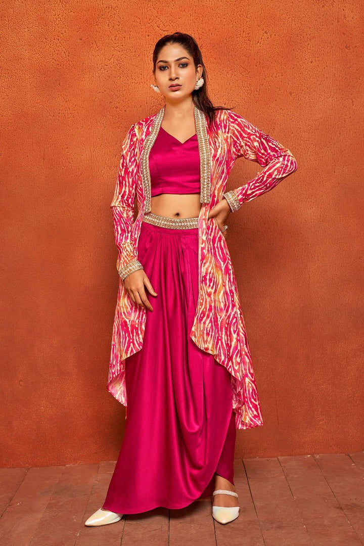 Jazzberry Pink Ethnic Print Dhoti Skirt Long Flared Shrug Co-ord Set - Curvy Lane