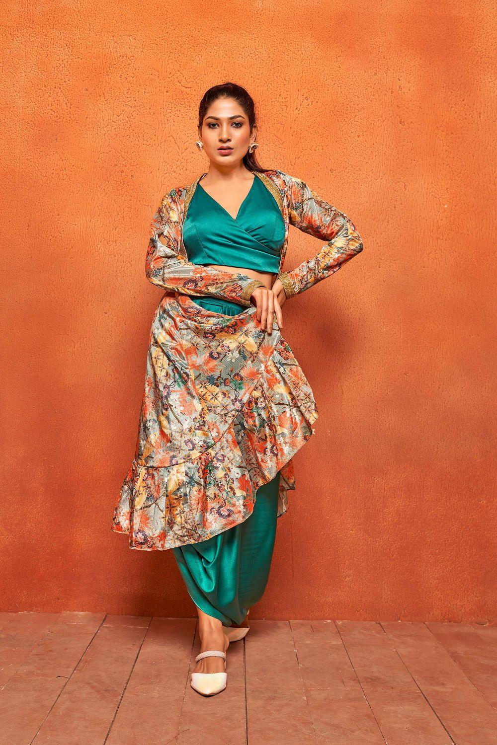 Teal Green Leaf Print Dhoti Skirt Long Flaired Shrug Co-ord Set - Curvy Lane