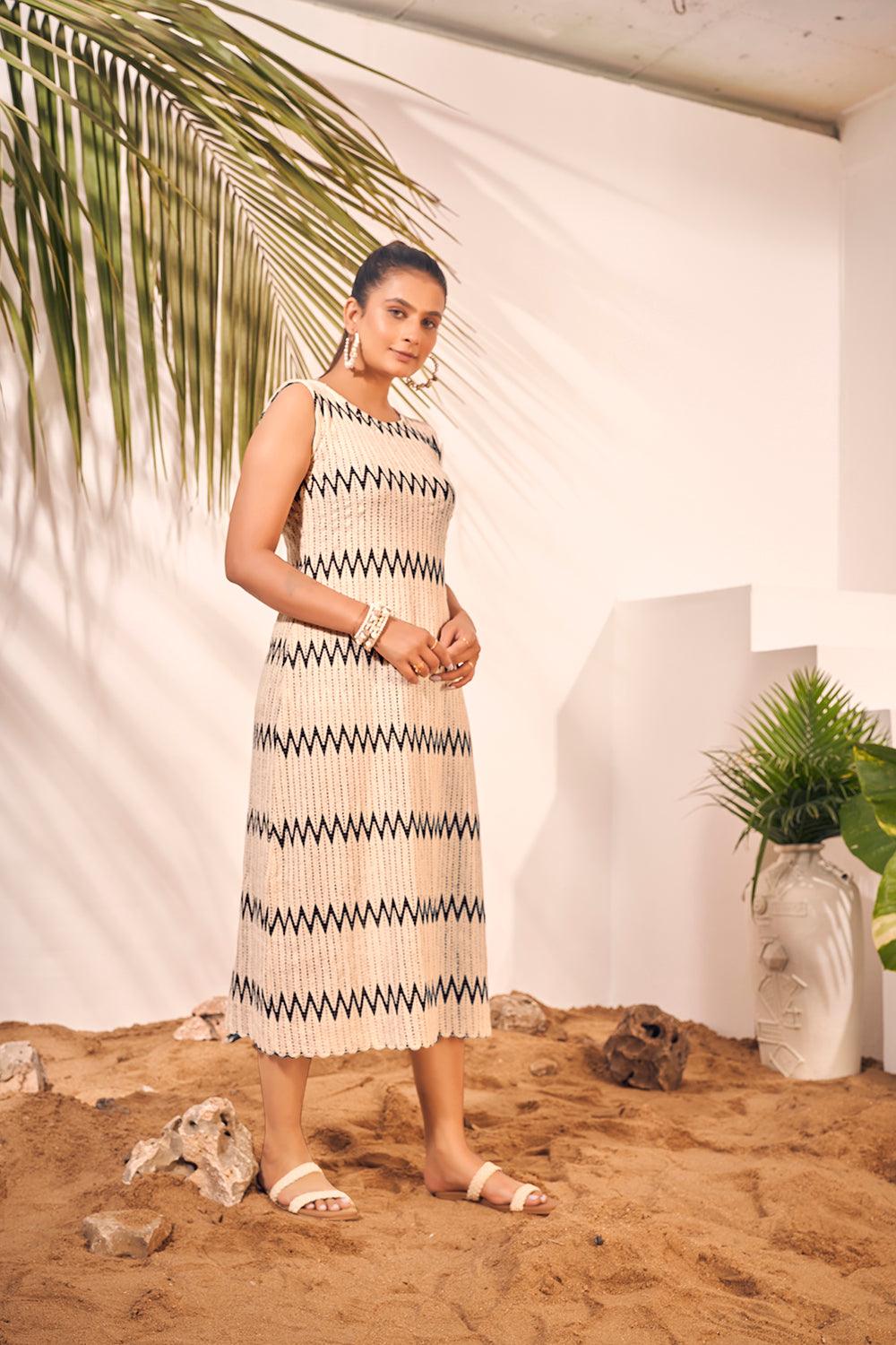 Off White Sleeveless Zig Zag Knitted Beach Wear Midi Dress - Curvy Lane