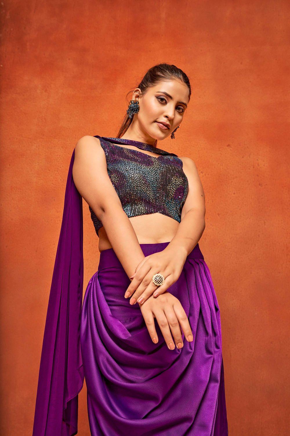 Purple Geometric Print Dhoti Skirt Crop Top Dupatta Co-ord Set - Curvy Lane