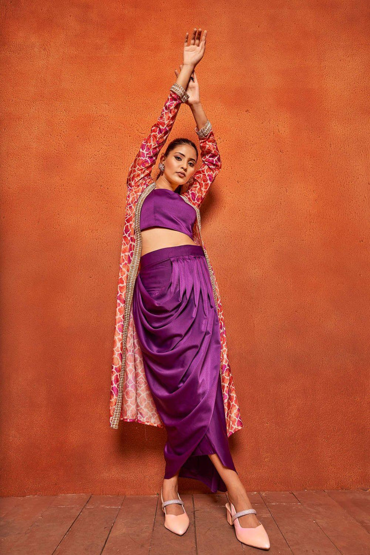 Violet Ethnic Print Dhoti Skirt Long Shrug Co-ord Set - Curvy Lane