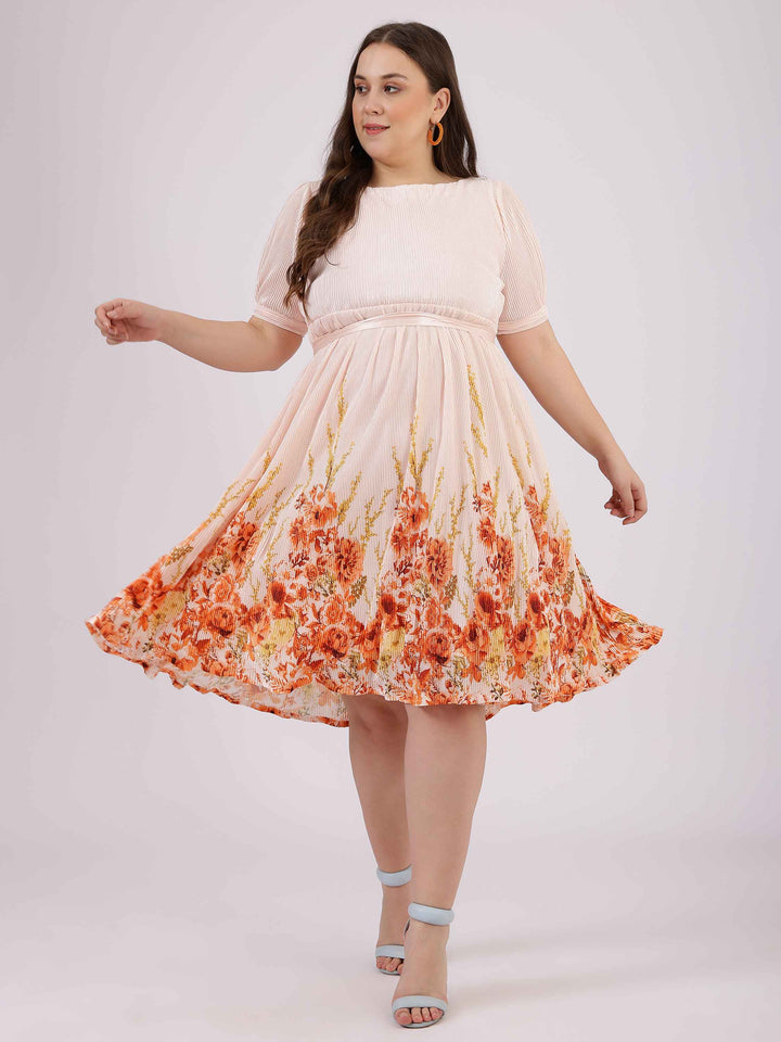 Peach Floral Print Fit and Flare Dress