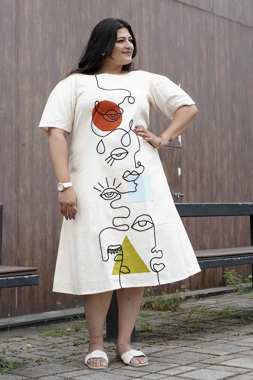 Off White Summer Dress With Cord Work