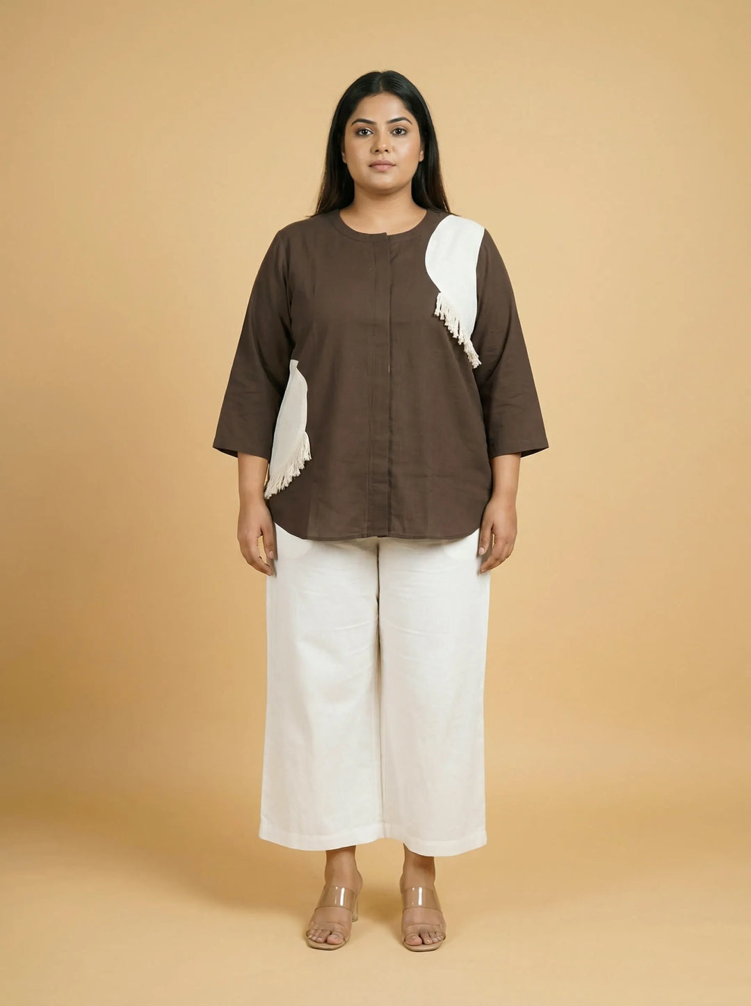 Grey Cotton Patch Work Casual Top