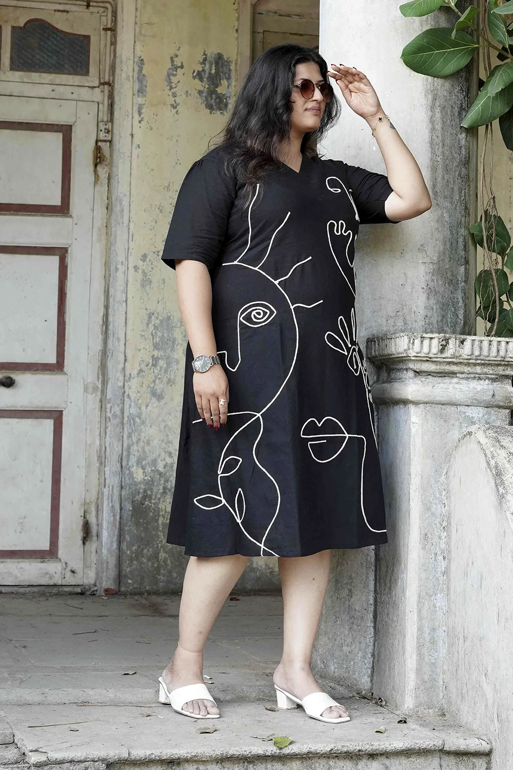 Black Cotton Dress with Cord Embroidery