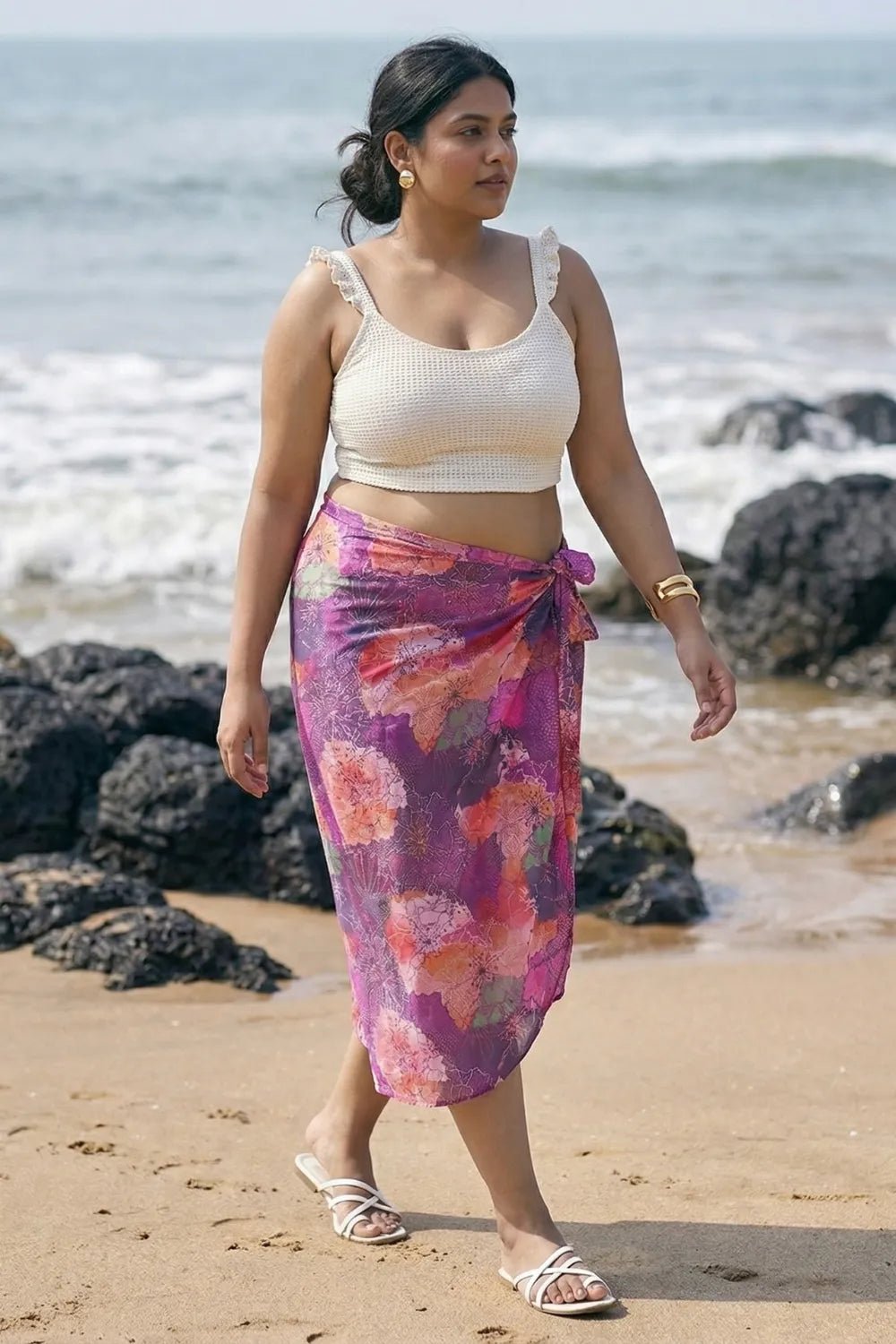 Floral pink sarong wrap skirt with an off-white crop top