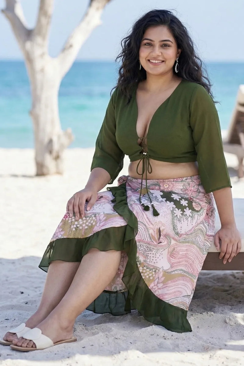 Curvylane's sexy beachwear with green floral sarong and top