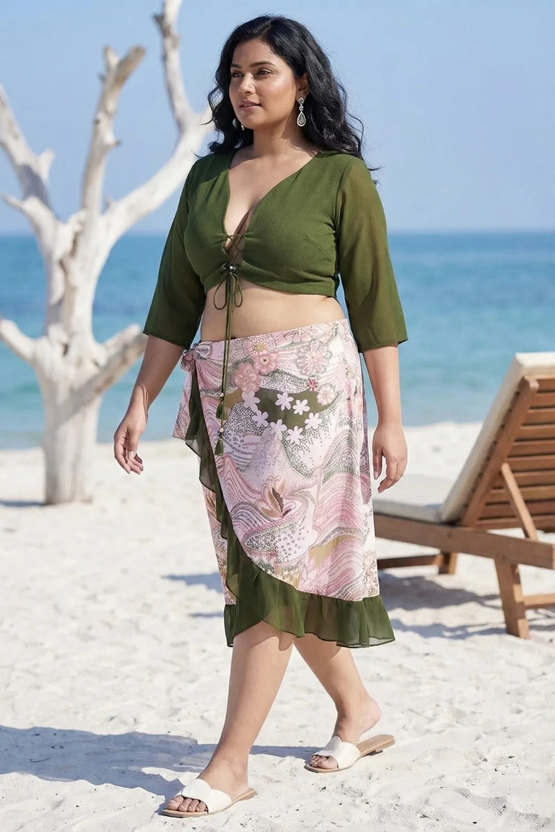 Curvylane's sexy beachwear with green floral sarong and top
