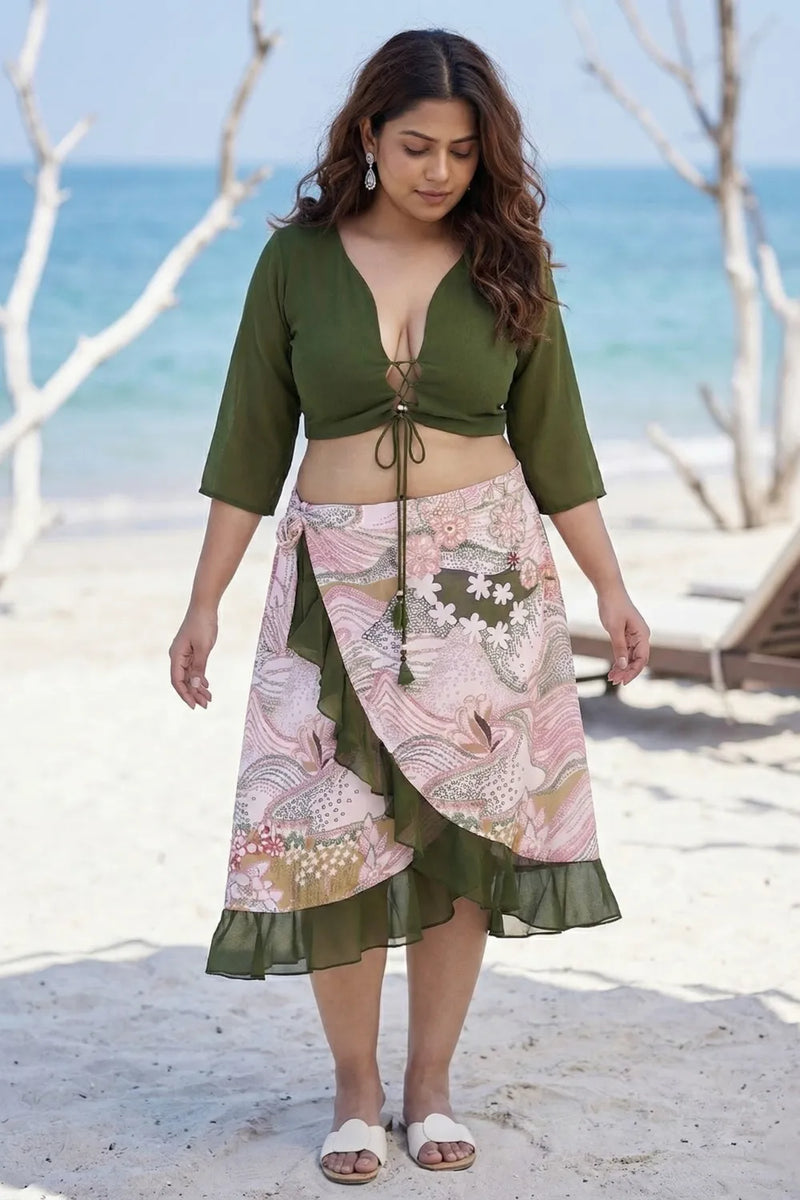 Curvylane's sexy beachwear with green floral sarong and top