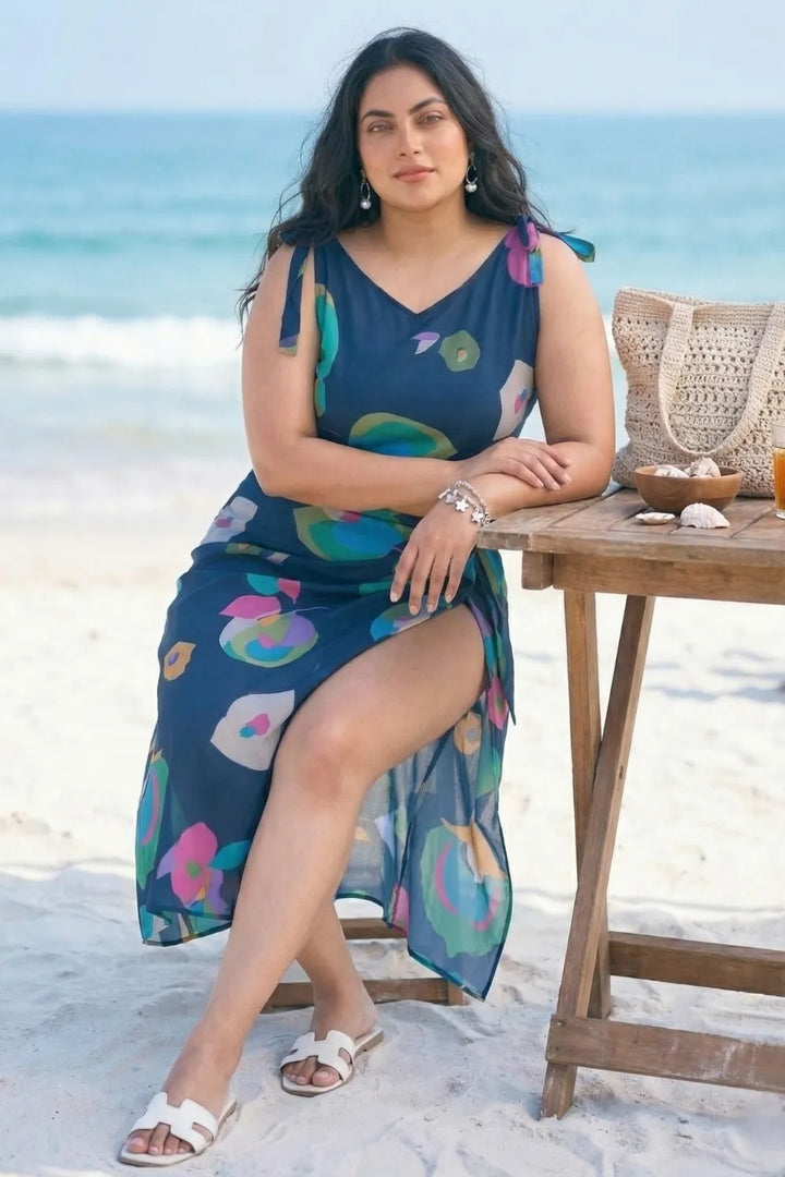 Navy blue beach wrap dress with floral tie-up sarong and top
