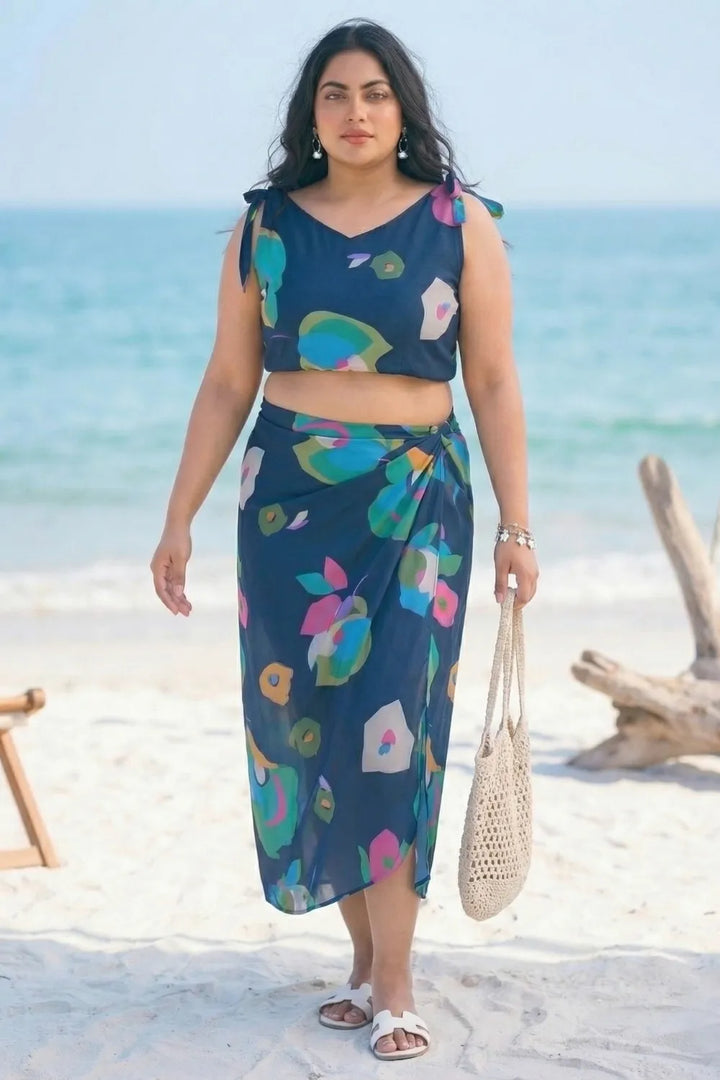 Navy blue beach wrap dress with floral tie-up sarong and top
