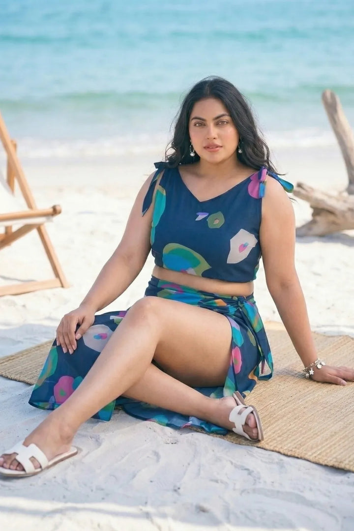 Navy blue beach wrap dress with floral tie-up sarong and top