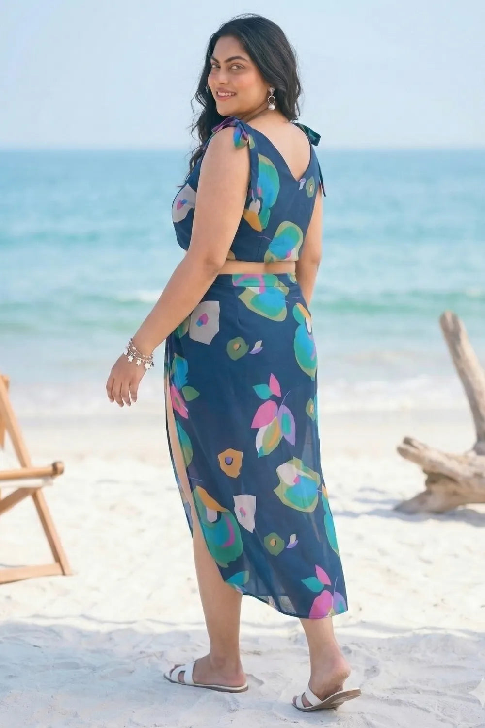 Navy blue beach wrap dress with floral tie-up sarong and top