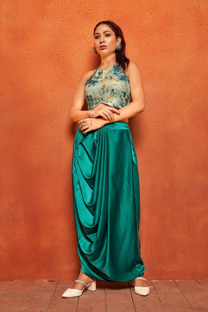 Turquoise Blue Sequin Crop Top & Drape Skirt Ensemble - Curvy Lane