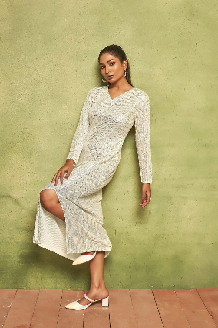 Pearl White Sequin Maxi Dress | V-Neck Long Sleeve Glamour - Curvy Lane