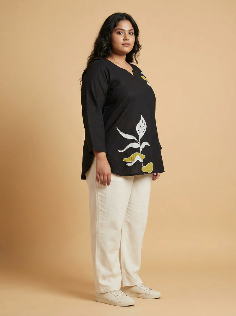 Black Botanical Applic Cord Work Top