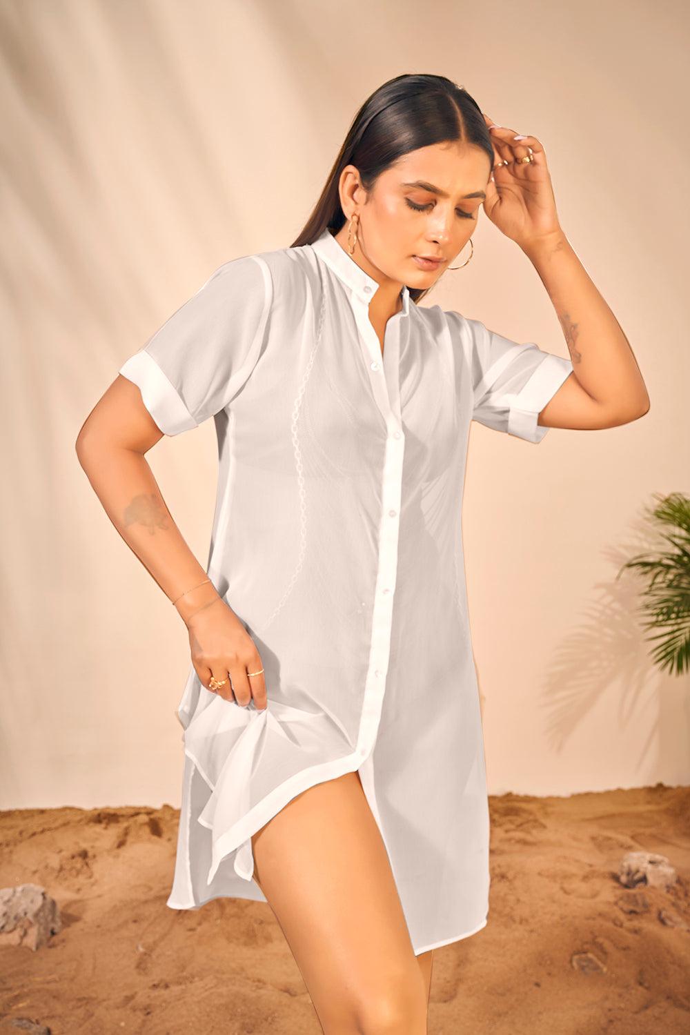 Beach Wear Off White Half Sleeves Shirt Style Cover Up Dress - Curvy Lane