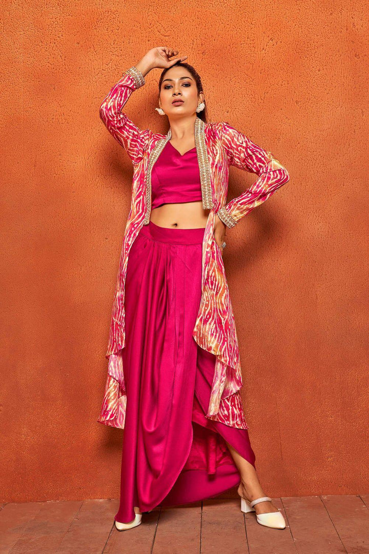 Jazzberry Pink Ethnic Print Dhoti Skirt Long Flared Shrug Co-ord Set - Curvy Lane