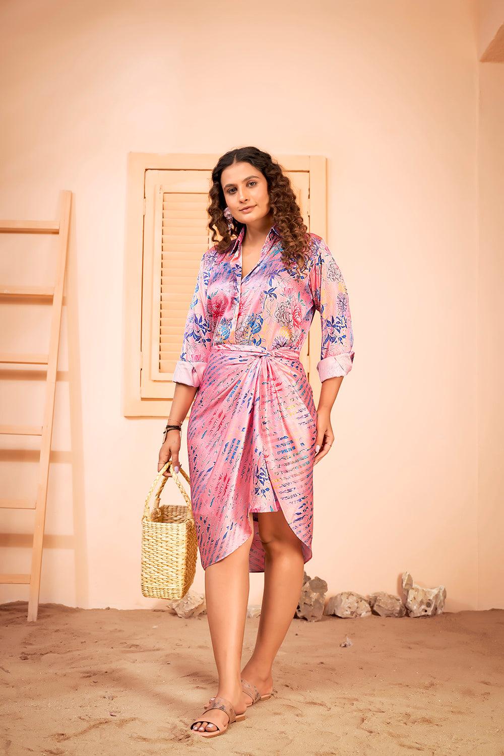 Floral Printed Shirt Dress with Beach Wear Sarong Skirt Cover Up Set - Curvy Lane