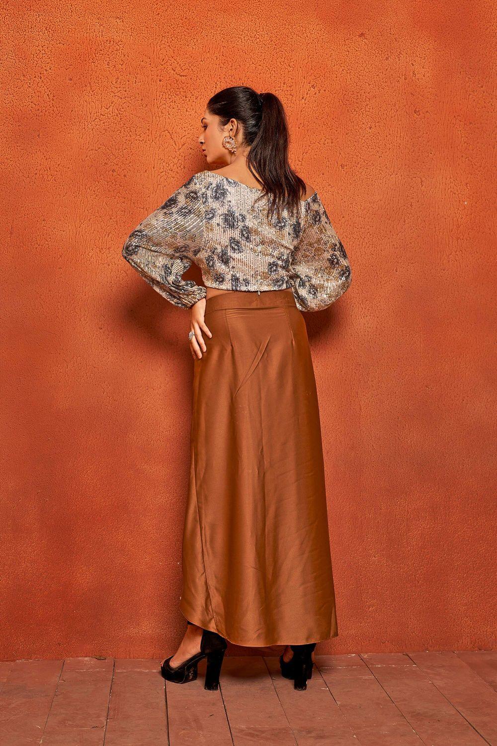 Camel Brown Floral Print Dhoti Skirt Loose Fit Top Co-ord Set - Curvy Lane