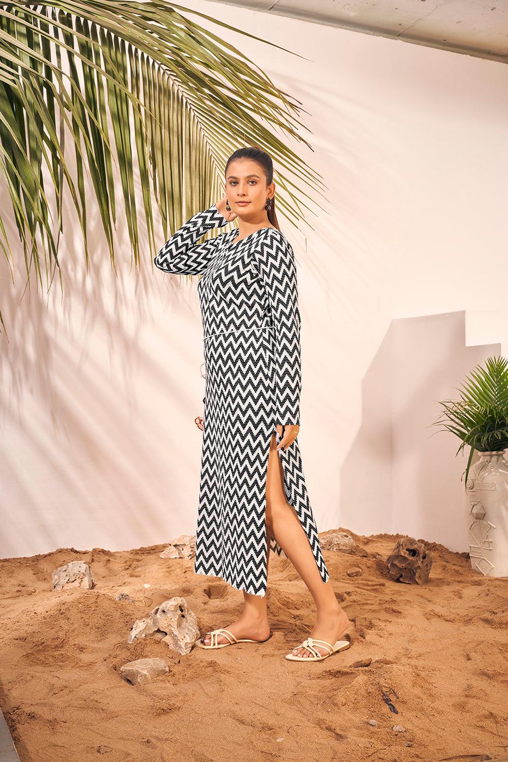 Black and White Zig zag Knitted Beach Wear Midi Dress - Curvy Lane